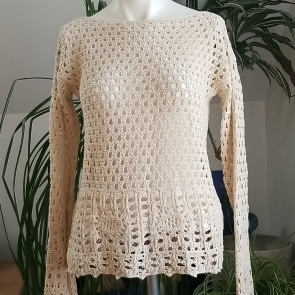 Jeanne Pierre Cream gold Open Knit longsleeve Top, Size S